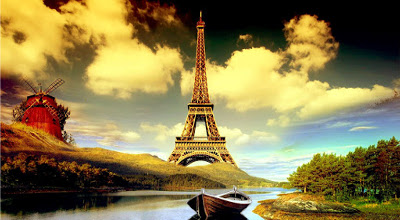 Франция которую олицетворяет Эйфелева башня, мельница и лодка на реке