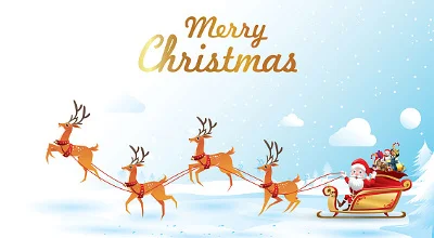 Санта-Клаус на санях с оленями, летит в рождественском небе
