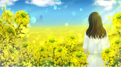 Девушка на желтом цветущем поле